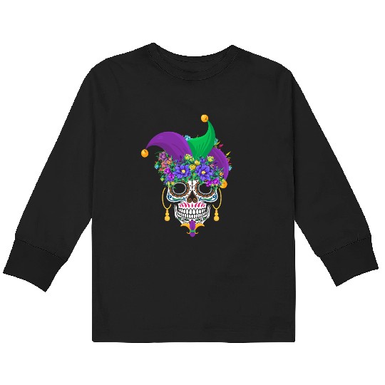 Mardi Gras Mask Dia De Los Muertos Flower Sugar Kids Long Sleeve T Shirts