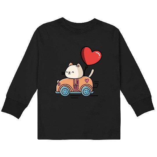 Cute cat in the love car, and love balloon Kids Long Sleeve T Shirts
