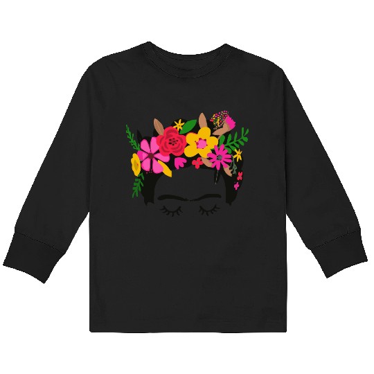 Frida Kahlo Illustration Floral Boho Style Mexican Kids Long Sleeve T Shirts