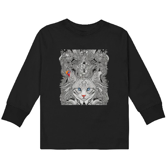 Psychedelic cat with bird Kids Long Sleeve T Shirts
