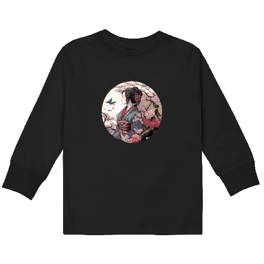 Beautiful Geisha Geiko Geigi Cherry Blossom Sakura Kids Long Sleeve T Shirts