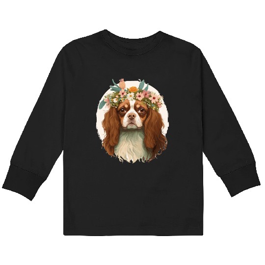 Cavalier King Charles Spaniel Flower Crown Pet Dog Kids Long Sleeve T Shirts