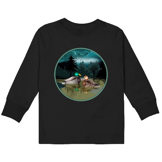 Duck couple in the duck pond at night & moonlight Kids Long Sleeve T Shirts