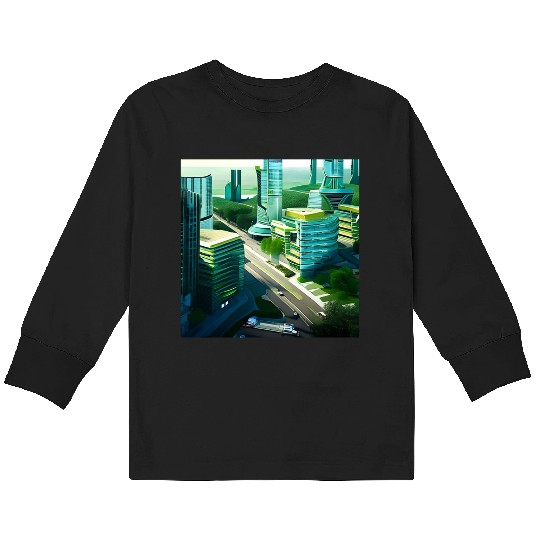 Green Horizon: A Vision of Sustainable Cityscape Kids Long Sleeve T Shirts
