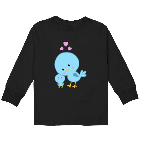 Bird parent and bird baby with hearts and love Kids Long Sleeve T Shirts