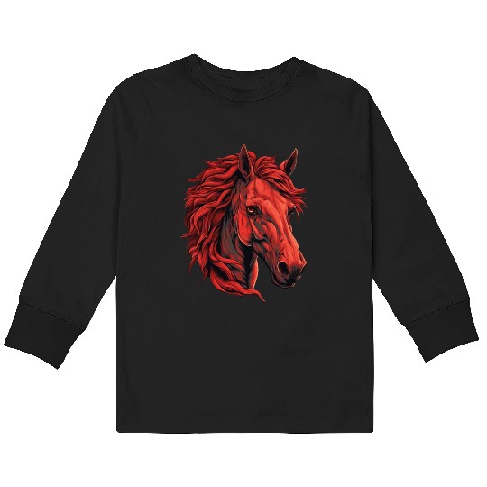 Red Horse Portrait - Vibrant Animal Design Kids Long Sleeve T Shirts