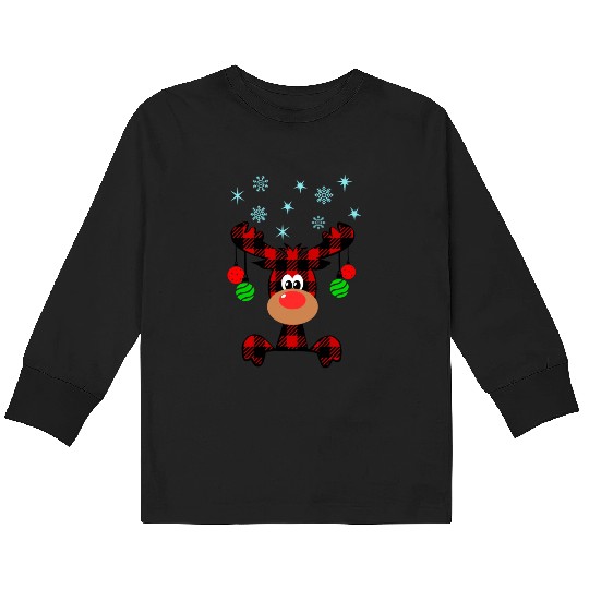 Christmas Deer Cute Red Buffalo Plaid Reindeer Kids Long Sleeve T Shirts