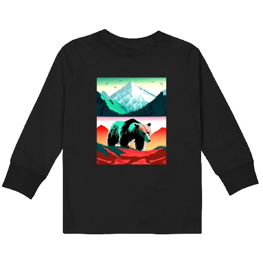 Bear and Mountains Nature Art Kids Long Sleeve T Shirts