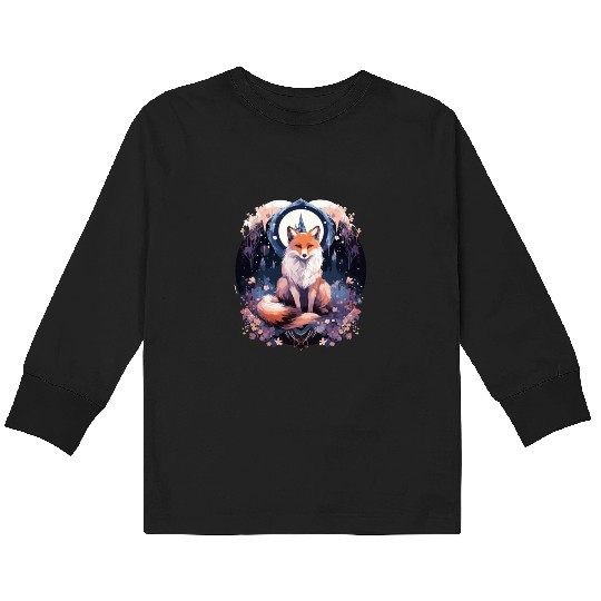 Celestial moon flower fox sitting tall Kids Long Sleeve T Shirts