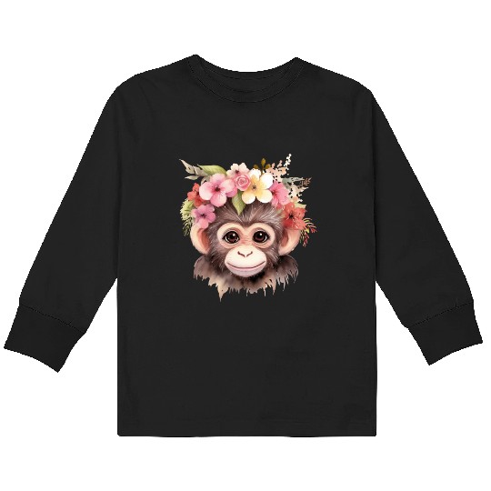 Monkey Chimpanzee Jungle Animal Boho Floral Ape Kids Long Sleeve T Shirts