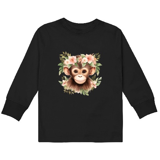 Monkey Chimpanzee Jungle Animal Boho Floral Ape Kids Long Sleeve T Shirts