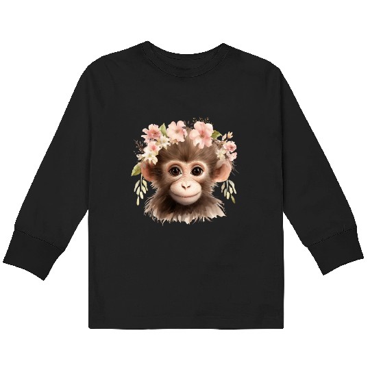 Monkey Chimpanzee Jungle Animal Boho Floral Ape Kids Long Sleeve T Shirts