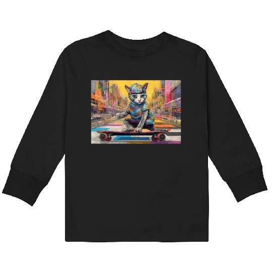 Skateboarding Cat in a colorful city Kids Long Sleeve T Shirts