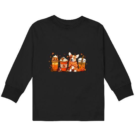 Fall Coffee with Corgi Pumpkin Spice Latte Lovers Kids Long Sleeve T Shirts