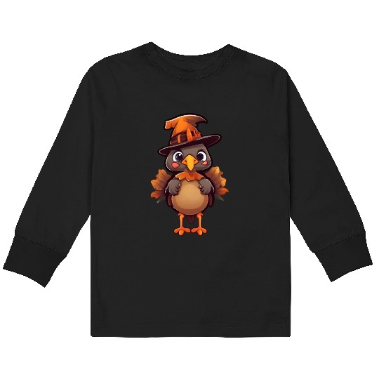 Cute Halloween turkey with a witch hat. Kids Long Sleeve T Shirts