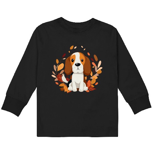 Beagle dog with autumn leaves Kids Long Sleeve T Shirts