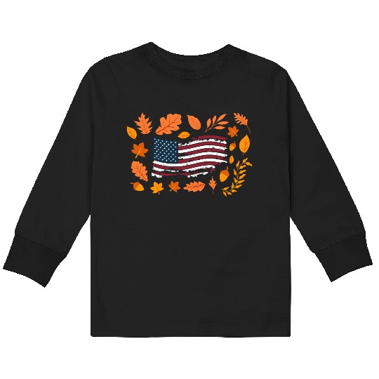 American (USA) Flag in Autumn Leaves | Patriotic Kids Long Sleeve T Shirts