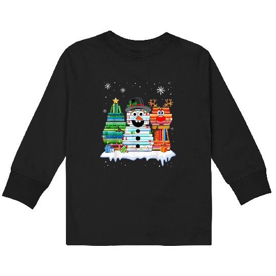 Christmas Tree Snowman Reindeer Book Stack Kids Long Sleeve T Shirts