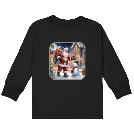 Santa Claus and a snowman distributes gifts. Kids Long Sleeve T Shirts
