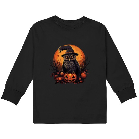 Whimsical Owl in Witch Hat Halloween Kids Long Sleeve T Shirts