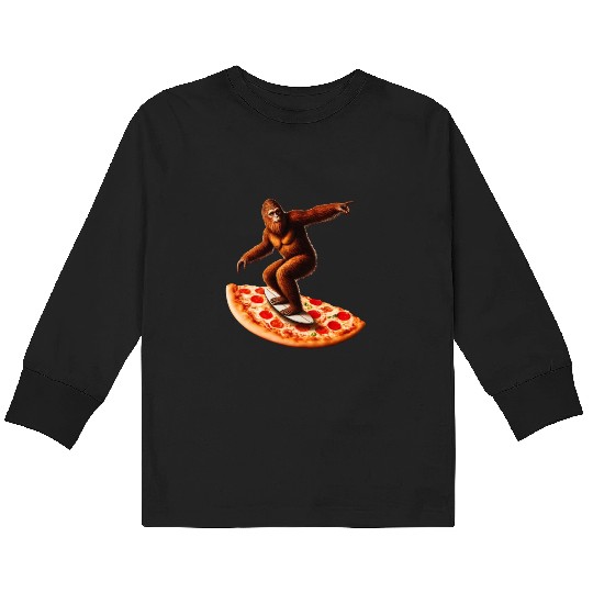 Bigfoot is surfing on pizza Kids Long Sleeve T Shirts