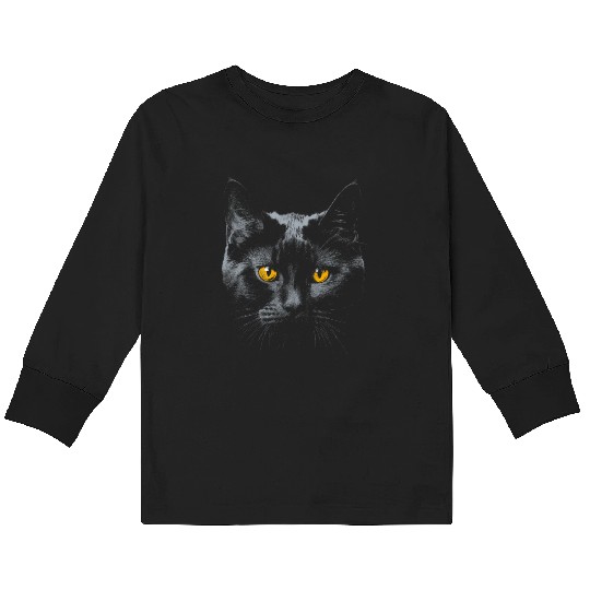 Black Cat Face Yellow Eyes Cat Halloween Costume B Kids Long Sleeve T Shirts