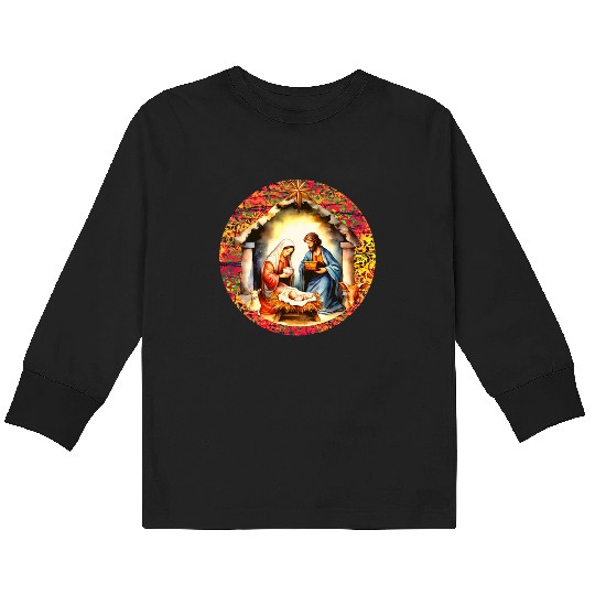 Nativity scene with Mary Joseph Baby Jesus Kids Long Sleeve T Shirts
