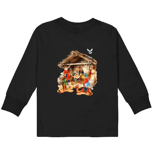 Nativity scene with Mary Joseph Baby Jesus Kids Long Sleeve T Shirts
