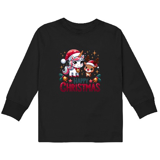 Cheerful Unicorn & Reindeer - Merry Christmas Kids Long Sleeve T Shirts