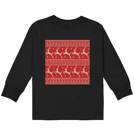 Red Ugly Sweater Christmas Flying Reindeer Kids Long Sleeve T Shirts