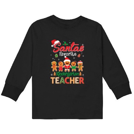 Santa s Favorite Kindergarten Teacher Cookie Hat Kids Long Sleeve T Shirts
