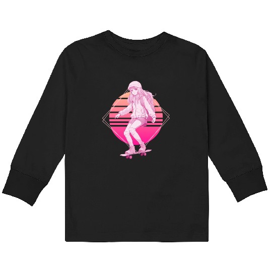 Skater Girl Lofi Skateboard Japanese Vaporwave Ret Kids Long Sleeve T Shirts