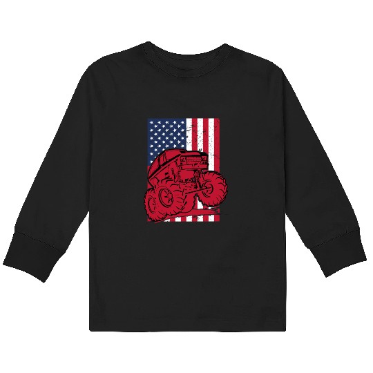 Monster Truck American Flag Kids Long Sleeve T Shirts