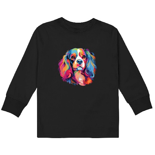 Watercolor Colorful Cavalier King Charles Spaniel Kids Long Sleeve T Shirts