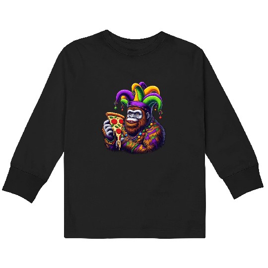 Mardi Gras Bigfoot with Fool's Hat Pizza Kids Long Sleeve T Shirts