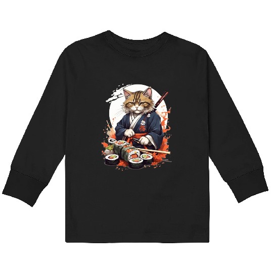 Cat Samurai Sushi Kids Long Sleeve T Shirts
