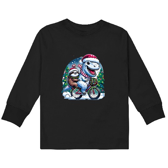 Winter Wonderland T-Rex and Sloth Cycling Duo Kids Long Sleeve T Shirts