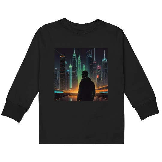 Neon Horizon: A Futuristic Cityscape Kids Long Sleeve T Shirts