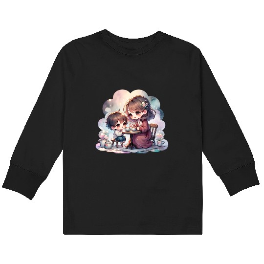Mother and Son Enjoying a Cozy Tea Party Kids Long Sleeve T Shirts