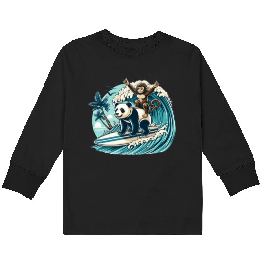 Monkey Riding Panda Surfing Wave Kids Long Sleeve T Shirts