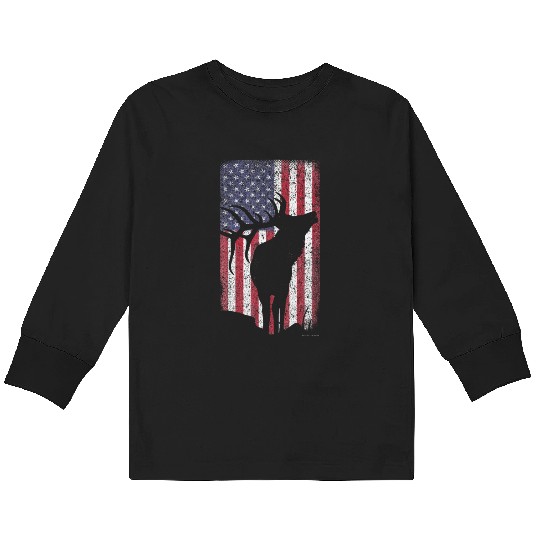 Elk Hunting Bugling Bull US Flag American Kids Long Sleeve T Shirts