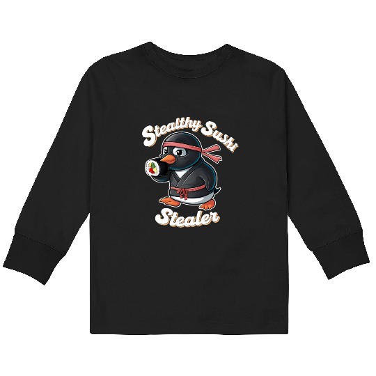 Ninja Penguin Stealing Sushi Kids Long Sleeve T Shirts