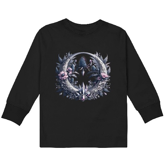 Crescent moon in silver, with crystals and flowers Kids Long Sleeve T Shirts