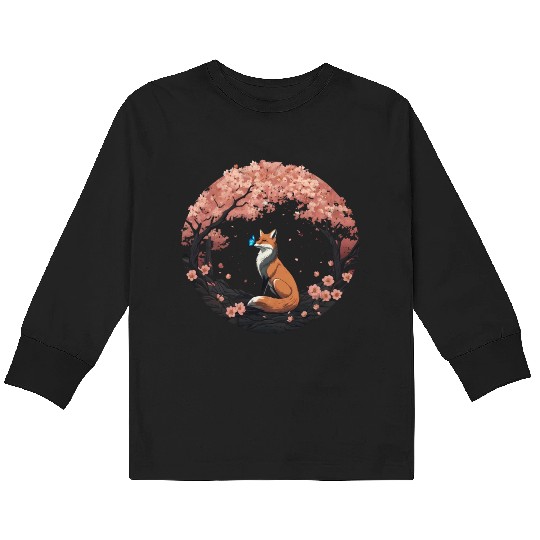 Cherry Blossom Fox Mythical Kitsune with Butterfly Kids Long Sleeve T Shirts