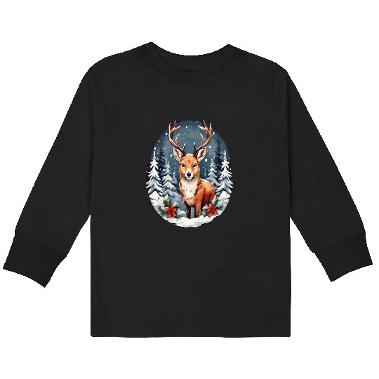 Christmas Deer with Poinsettia and Snow Kids Long Sleeve T Shirts