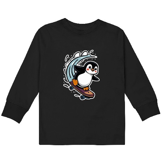 Penguin Skateboarding Adventure Fun Kids Long Sleeve T Shirts