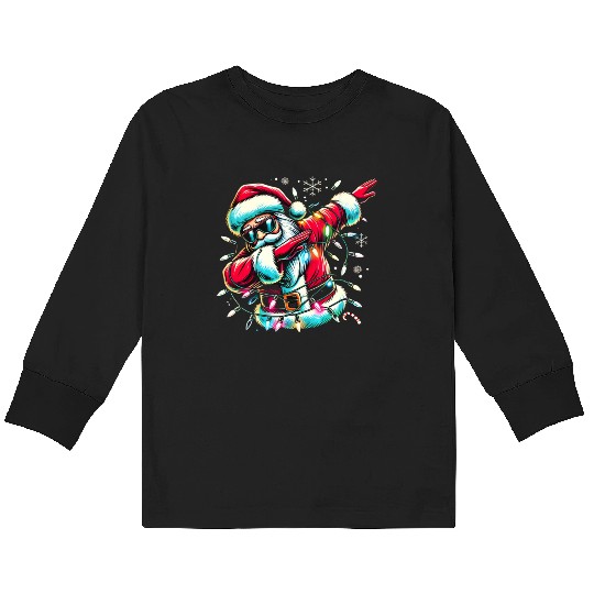 Dabbing Santa with Christmas Lights and Snowflakes Kids Long Sleeve T Shirts