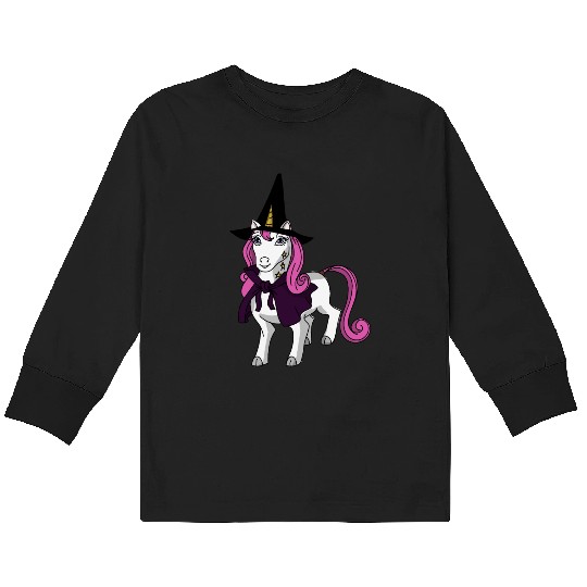 Happy Halloween 2024 unicorn wearing a witch hat Kids Long Sleeve T Shirts