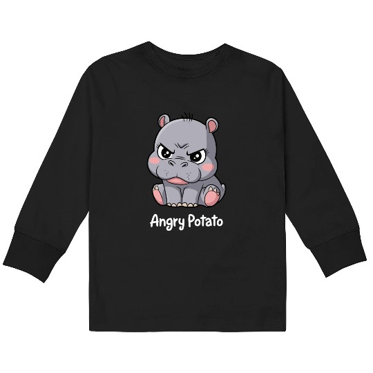 Moo Deng Angry Potato Hippo Cartoon Art Kids Long Sleeve T Shirts
