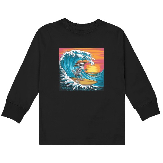 Surfing Skeleton Vibes Surfing Lifestyle Retro Kids Long Sleeve T Shirts
